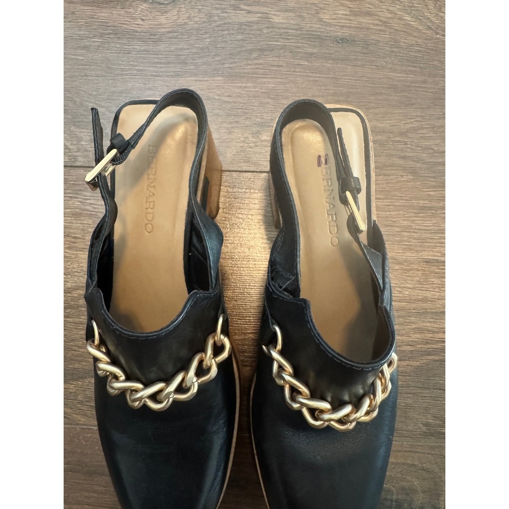 Bernardo Women Black Leather Chain Platform Clogs Slingback Wood Block Heel 8M - Picture 7 of 12
